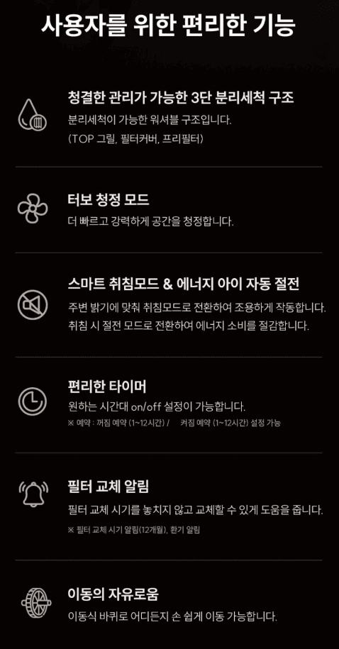 40평대 거실 공기청정기, 쿠쿠 인스퓨어를 선택해야 하는 기술적 근거 3가지 5 분리 세척 구조, 이동식 바퀴, 필터 교체 알림 등 편의 기능 6가지 아이콘